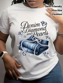 1 Piece, Women's Denim T-Shirt With Diamond And Pearl Print, Elegant, Lightweight, Workplace, Soft To The Touch, Fashionable, Four Seasons, Short Sleeve, 180g, 100% Cotton. - 白色 - 查看 7