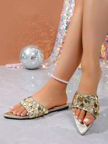 Dép lê đế bằng mũi nhọn đính sequin mới năm 2026, dép sandal hở mũi bóng bẩy một quai dành cho nữ, dép đi trong nhà mùa hè đa năng, thích hợp cho các bữa tiệc, hoạt động ngoài trời. - Vàng - Xem 5