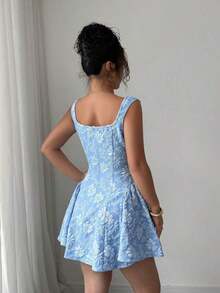 Vestido mini azul de mujer con cuello ancho, sin mangas, cintura recogida y textura de jacquard, elegante y romántico para graduación, baile de graduación, fiesta, festival de música, vacaciones - Azul - Ver 2