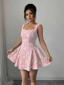 Vestido mini azul de mujer con cuello ancho, sin mangas, cintura recogida y textura de jacquard, elegante y romántico para graduación, baile de graduación, fiesta, festival de música, vacaciones - Rosa Pálido - Ver 3