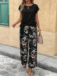 Clasi Conjunto de 2 piezas de camisa con lazo verde minimalista casual y pantalones rectos sueltos con estampado geométrico, adecuado para principios de otoño - Negro - Ver 6
