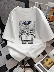 Imagen de un adorable robot con ojos que reflejan el universo simbolizando curiosidad tecnológica y amor por la exploración camiseta de mujer  casual cómoda ideal para uso diario moderna y suave - Blanco - Ver 2