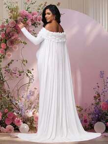 JustVH Floral Off-Shoulder Maternity Dress Suitable For Baby Shower Party, Long Sleeve Mesh Cape Maternity Outfit Plus Size Women Photography Prop - White - View 2