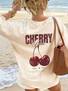 Conjuntos de mujer: Camiseta casual de manga corta, cuello redondo, corte holgado, color beige, con estampado de explosión de cerezas, ideal para vacaciones en la playa, playeras de mujer de verano. - Albaricoque - Ver 7