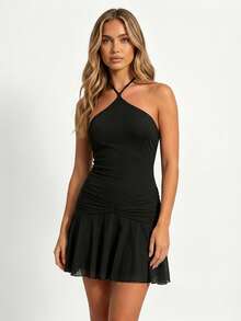 Women Mini Dress Fashion Halter Neck Solid Color Slim Fit Ruched Design Summer Pleated Hem Dresses - Black - View 5