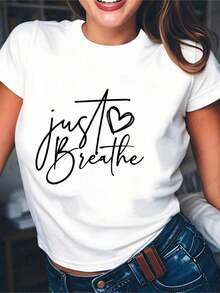 Camiseta estampada moderna y creativa para mujer, adecuada para todas las estaciones, fácil de usar, casual, cómoda, suave, transpirable, con cuello redondo y mangas cortas, ideal para fitness y actividades diarias al aire libre. - Blanco - Ver 2