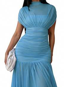 Elegant Women's Long Knit Fitted Dress, A-Line Silhouette, Short Sleeve Design, Ruched Waist, Semi-Transparent Fabric - Blue - View 5