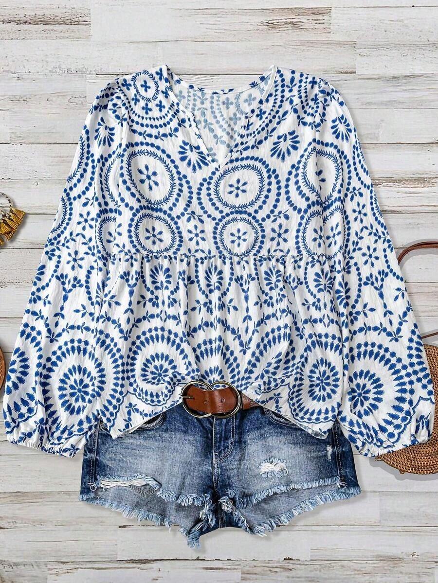Bamboo Long-Sleeved Blouse With Knot And Patch Print, Comfortable And Casual, Plus Sizes For Women, Spring - 藍白 - 查看 1