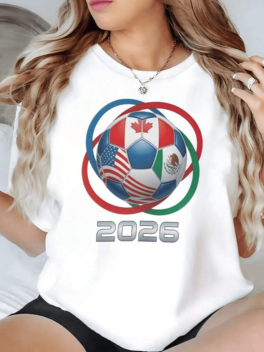 Soccer Ball With Flags Of Mexico, The United States, And Canada Symbolizing Sporting Unity And The Celebration Of The 2026 Tournament. Modern, Comfortable, And Casual Women's T-Shirt For Soccer Fans. - 白色 - 查看 1