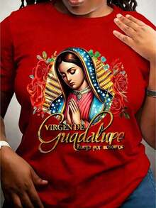 Camiseta de Mujer con Estampado Religioso de la Virgen de Guadalupe, Diseño de Símbolo de Fe Católica para Oración, Actividades al Aire Libre y Vestimenta Casual, Estilo para Todas las Temporadas, Manga Corta Deportiva - Estilo Vintage Urbano, Unisex, Camiseta Holgada de Algodón con Cuello Redondo, 100% Algodón - Rojo - Ver 3