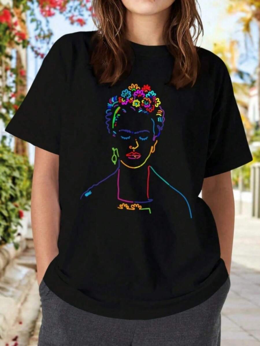 Women's Black Cotton T-Shirt With Vibrant Cartoon Print – Casual, Breathable And Stylish For Casual Wear Or Summer Parties, Ladies' T-Shirts - 黑色 - 查看 1