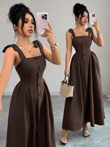 Nuevo vestido midi tejido bicolor con textura y tirantes anudados, elegante y versátil para uso en la oficina - amarillo ganso - Ver 11