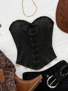 Top corto de suede sexy con lazo, remaches y diseño deconstructivo, adecuado para vacaciones, citas, té de la tarde, vacaciones, festivales de música, estilo bohemio, cruceros, playa, verano - Negro - Ver 7