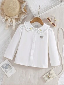 Girls' White Long Sleeve Cotton Collared Shirt Tee, Autumn - White - View 1