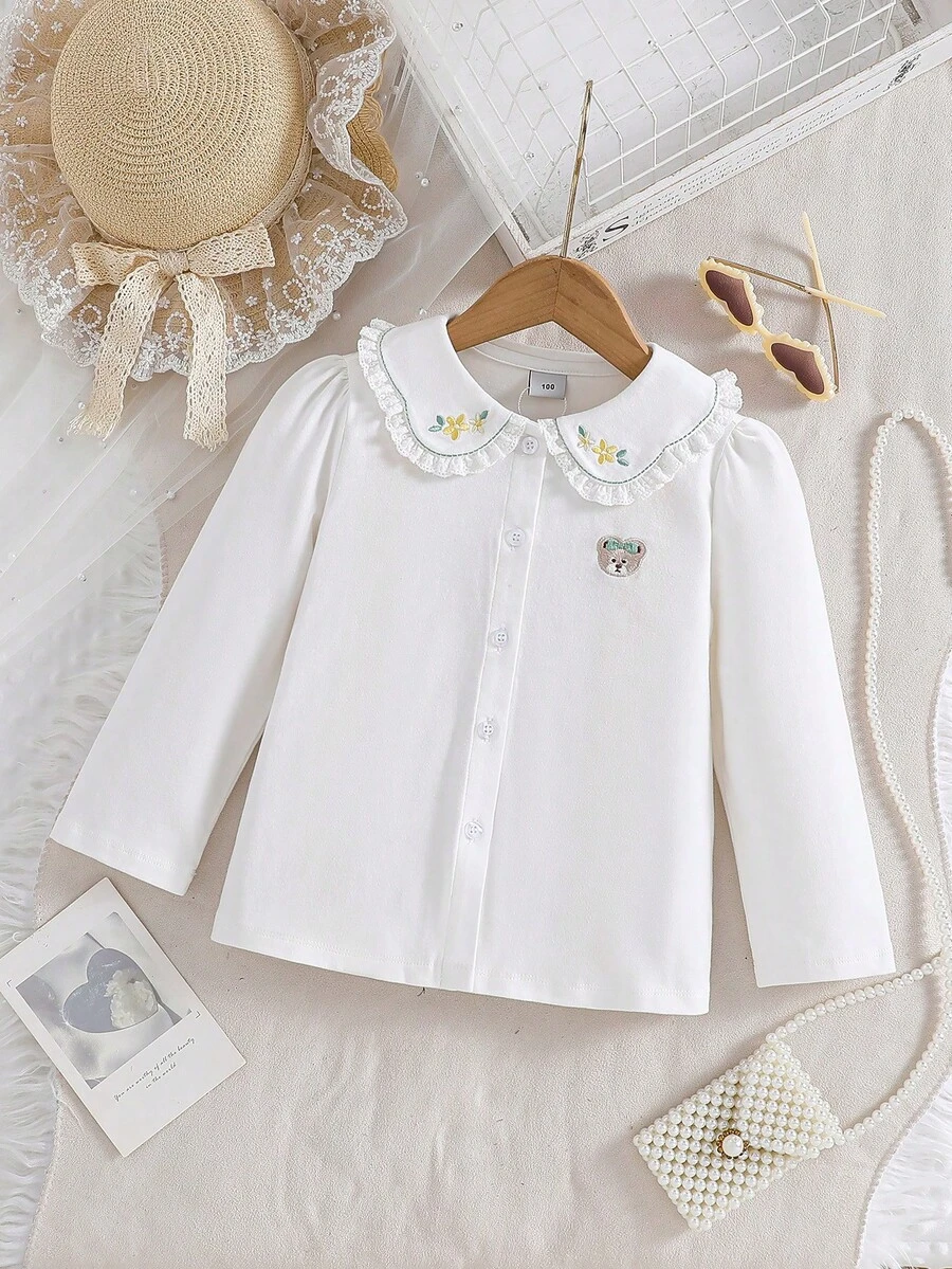Girls' White Long Sleeve Cotton Collared Shirt Tee, Autumn - White - View 1