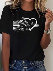 Women's T-Shirt With Graphic Motorcycle Print And Passionate Love Heartbeat, Short Sleeve, Round Neck, Casual Top For Summer And Spring, Women's Clothing - 黑色 - 查看 1