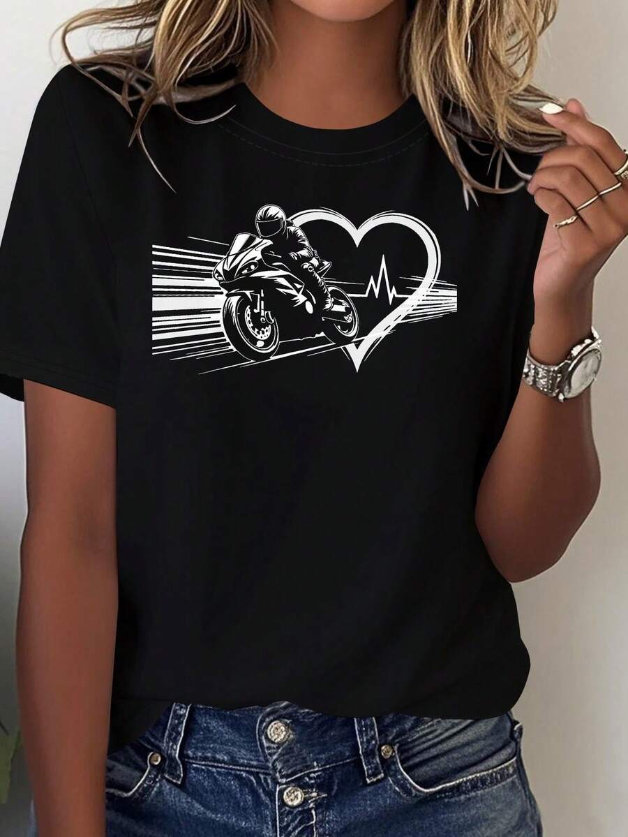 Women's T-Shirt With Graphic Motorcycle Print And Passionate Love Heartbeat, Short Sleeve, Round Neck, Casual Top For Summer And Spring, Women's Clothing - 黑色 - 查看 1