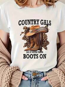 Comfortable And Loose-Fitting Women's T-Shirt With A Country-Style Cowboy Boot Print. This Summer Cotton T-Shirt Features A Round Neck, A Casual Short-Sleeved Top, And A Unique Style Perfect For Everyday Wear. Its Loose And Soft Fit Makes It Ideal For Vacations. The Fresh Floral Print Effortlessly Captures The Vibrancy Of Summer. This Loose-Fitting And Versatile Short-Sleeved T-Shirt Is Perfect For Women. - 白色 - 查看 11