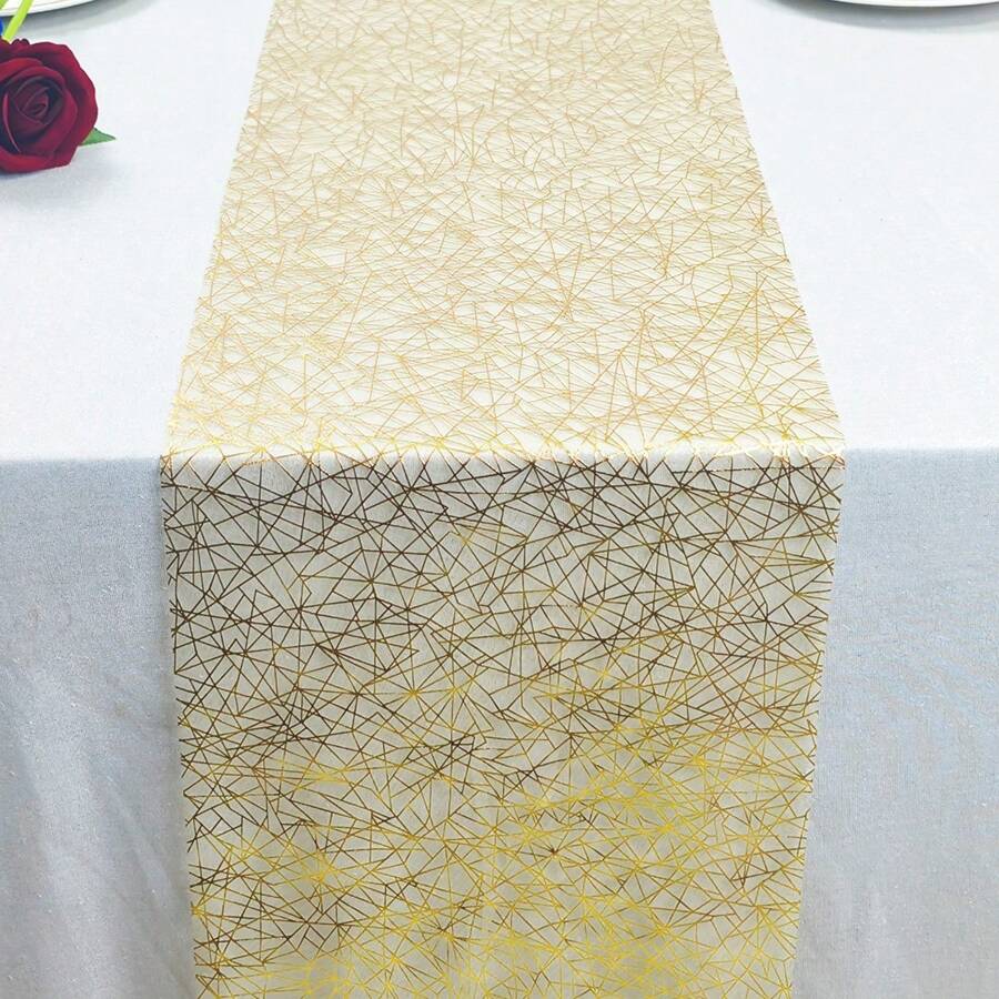 1 Roll Polyester Fiber Tulle Table Runner, Gold Foil Asymmetrical Line Design, Elegant And Refined, Suitable For Home Dining, Birthday Parties, Holiday Celebrations And Other Decorative Occasions - View 1