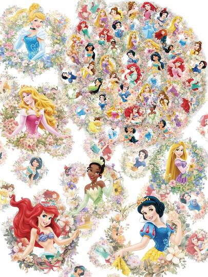 Disney 迪士尼| 50张迪士尼公主主题卡通贴纸，透明花卉公主涂鸦贴纸，适用于笔记本电脑、水瓶、剪贴簿等，是生日礼物、学校奖励、办公室日记装饰、派对装饰的完美之选