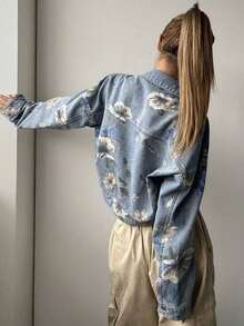 Chaqueta vaquera con estampado floral y cuello abierto, estilo Y2K para mujer - Azul lavado medio - Ver 2
