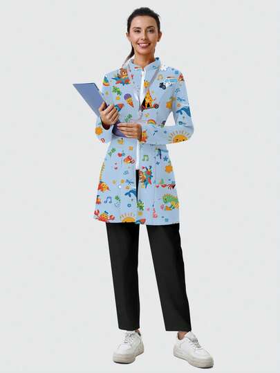 cimmuovere Veste de travail à fermeture éclair imprimée pour femmes avec poches, tenue de travail pour infirmière, dentiste, soins de santé, hôpital vétérinaire, laboratoire