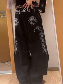 Wide Leg Jeans With Embroidered Letters And Flowers In A Retro American Style, High-Waisted, Loose Fit - 黑色 - 查看 7