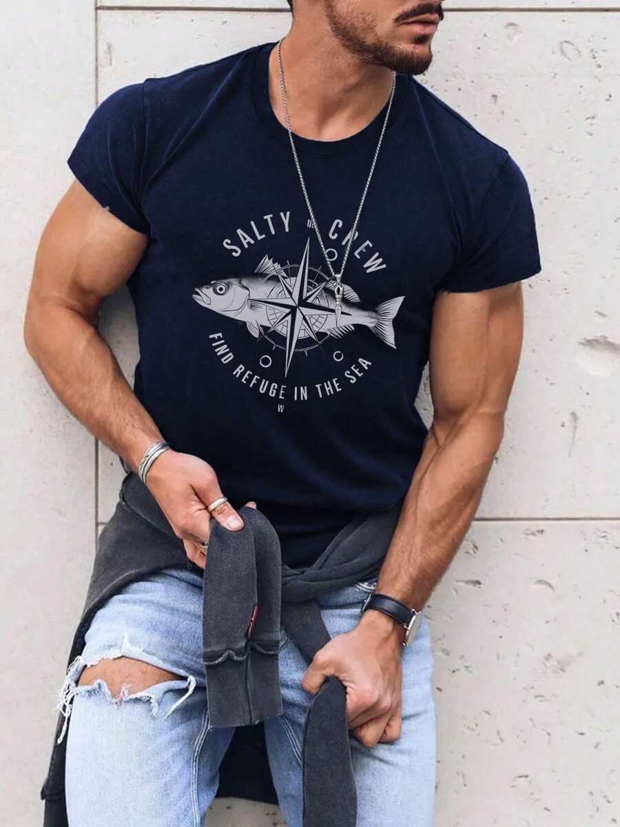 Men's Round Neck Geometric Compass & Fish Pattern T-Shirt, Minimalist And Fashionable, Suitable For Summer - Royal Blue - View 1
