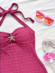Mono de textura de unicolor con lazo de atar en el cuello para vacaciones, para fiesta en la playa - Rosa Fucsia - Ver 3