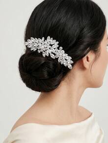 1pc Rhinestone Leaf Hair Comb, Crystal Embellished Bridal Hairpiece, Silver Tone Wedding Hair Accessory For Women - Silver - View 4