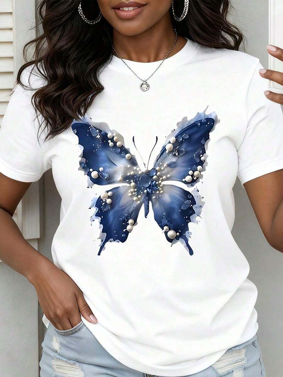 Camiseta con Estampado de Mariposas, Diseño de Mariposas Blancas y Azules con Perlas, Ropa Casual de Verano - Alta Calidad - Blanco - Ver 1