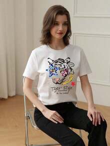 180g Made In Mexico, Spring/Summer 2026 Fashion Short Sleeve T-Shirt, Cartoon Print, Couple Style, Underwear/Outerwear, Casual Round Neck For Office, Unisex One Piece Top - 白色的 - 查看 2