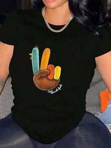 1 pieza clásica y versátil, camiseta de manga corta de algodón puro con estampado de Fingers ideal para usar en todas las estaciones. Estilo de moda blusas para mujer camisa - Negro - Ver 8