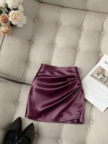 Falda asimétrica de satén de moda, cintura alta para primavera/verano, estilizante, ajustado, sexy, falda midi elegante para mujer, atuendo para la temporada de graduación, ropa casual de moda para ir al trabajo, ropa de oficina profesional, uso - Morado - Ver 4