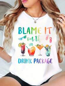 FashionNEWBlame It On The Drink Package Camiseta Divertida con Estampado de Viaje en Crucero para Verano, Camiseta de Manga Corta Suave para Mujer, Camiseta Elegante y Có - Blanco - Ver 7