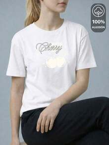 Women's Short-Sleeved T-Shirts, Round Neck, 100% Cotton, Short-Sleeved T-Shirt With "Super Cherry" Fruit Print, Casual Style, Loose Fit, Black Color. - 白色 - 查看 5