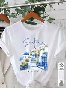 Women's T-Shirt With Santorini, Greece Print - White, Short Sleeve, Casual Crew Neck, With Blue Dome Roofs And  Foliage Design, Lightweight, Spring/Summer Travel Souvenir, Bachelorette Party Gift, Spring Casual Wear | Vibrant Design T-Shirt - 杏色 - 查看 5