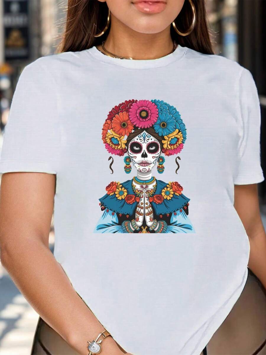 Women's T-Shirt - Mexican Day Of The Dead Print T-Shirt - Casual White Round Neck Blouse, Lightweight For Everyday Wear And Halloween Parties, Machine Washable, Fitted Style With Artistic Design, Fashionable T-Shirt, Breathable Design, A Must-Have For Festive Outfits. - 白色 - 查看 1