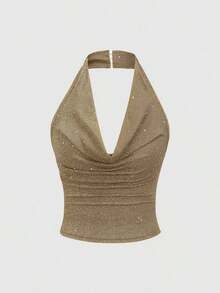 corto de camisola de punto metálico con lentejuelas para mujer, top sexy de espalda descubierta y ajustado al Body - Caqui - Ver 1