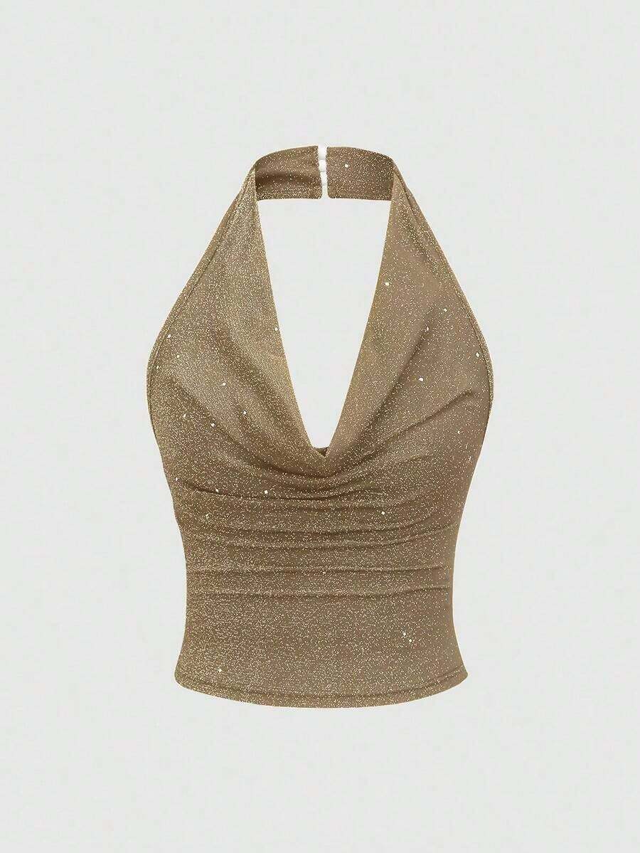 corto de camisola de punto metálico con lentejuelas para mujer, top sexy de espalda descubierta y ajustado al Body - Caqui - Ver 1