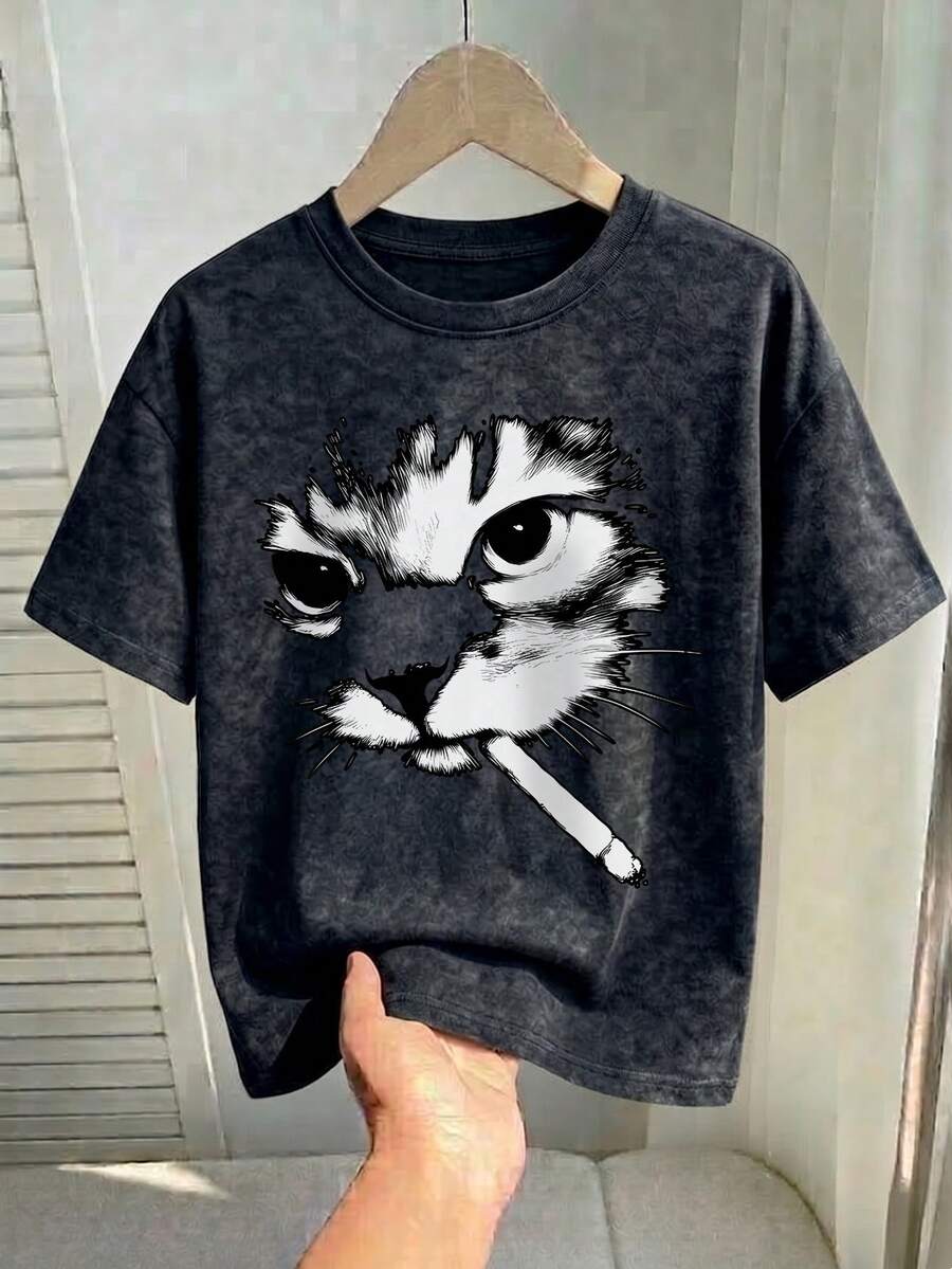 2026 Camiseta de manga corta de cuello redondo con lavado retro para mujer en verano, estampado de gato genial, estilo casual de calle, holgada, color negro - Negro - Ver 1