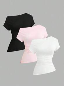 Camiseta casual asimétrica de hombro para mujer - Multicolor 16 - Ver 1