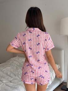 2pcs/Set Comfortable Plaid Bow Print Short Sleeve Top And Bow Shorts Women's Pajama Set, Suitable For All Seasons - Pink - View 2