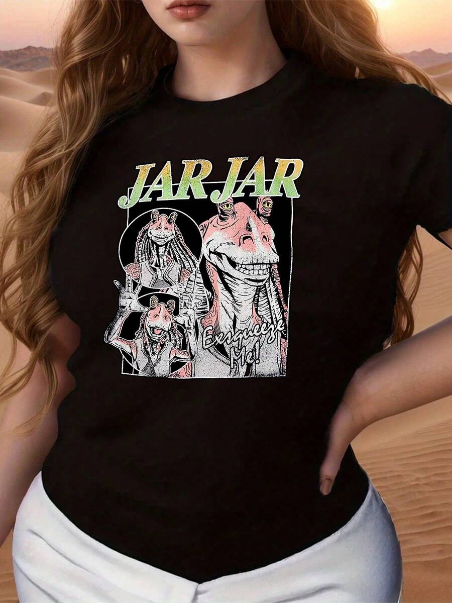 Fun Graphic With A Smiling Galactic Character And Comical Phrases That Convey Humor And Positive Energy In Soft Tones With A Vintage Effect. Comfortable Casual Women's T-Shirt For Everyday Wear - 黑色 - 查看 1