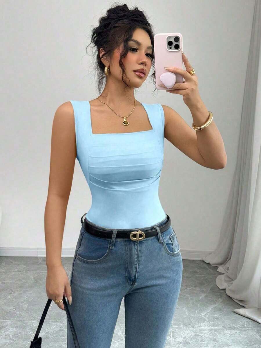 Camiseta sin mangas ajustada de cuello redondo con pliegues en color liso elegante y casual para mujer - Azul - Ver 1