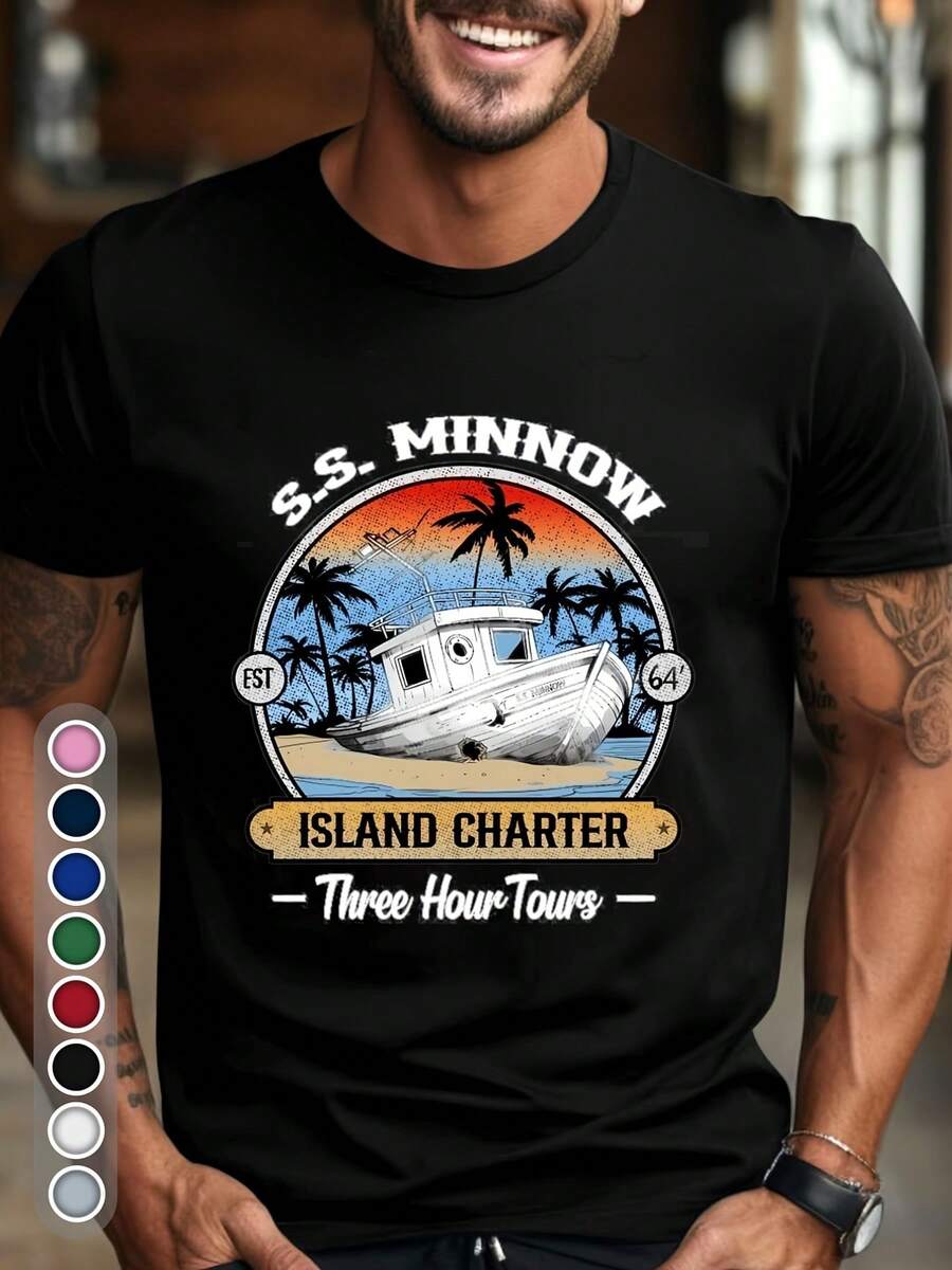 Men's Retro Nautical T-Shirt With Minnow Island Boat Design And 3-Hour Cruise, Hawaiian Beach Vacation T-Shirt With Palm Trees And Boats Design, Comfortable Fit, Short Sleeve, Casual Shirt For All Seasons, Same Style For Men And Women, Summer 2026, A Short-Sleeved T-Shirt Suitable For Home, Daily Wear, Parties And Travel - Perfect As A Gift For Friends Or Family. - 黑色 - 查看 1