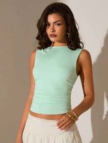 Camiseta de tirantes ajustada con cuello de tripulación y pliegues de unicolor de verano para mujer - Verde - Ver 4