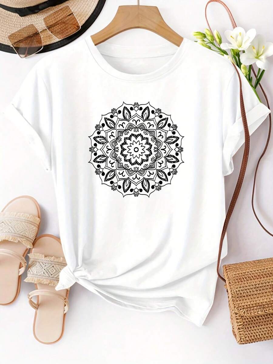 Women's Casual Crew Neck T-Shirt With Intricate Mandala Floral Print, Short Sleeve, Medium Stretch Fabric - All Season Comfort, Sizes S-XXL, Women's T-Shirts - 白色 - 查看 1