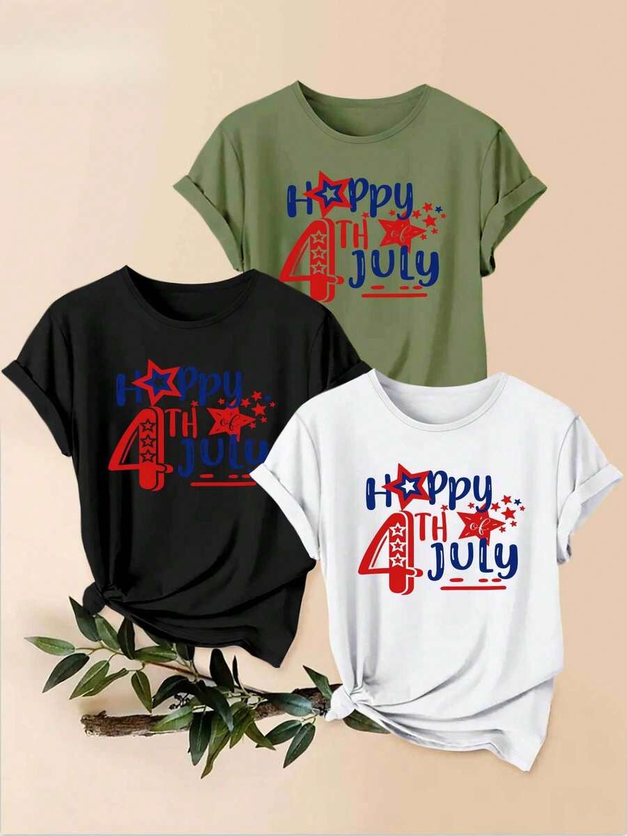 Women's T-Shirt, 1-Piece Set With Red And Blue Stars And The Text "Happy 4th Of July". 1 Beautiful Women's Garment, A Stylish Casual Sporty Gift, Machine Washable, Short-Sleeved Top With A Round Neck. - 1件白色隨機圖案 - 查看 1