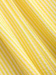 Conjunto de 2 piezas de blusa de manga de pétalo a rayas estilo francés dulce y pantalones rectos holgados para mujer, de primavera/verano - Amarillo - Ver 5
